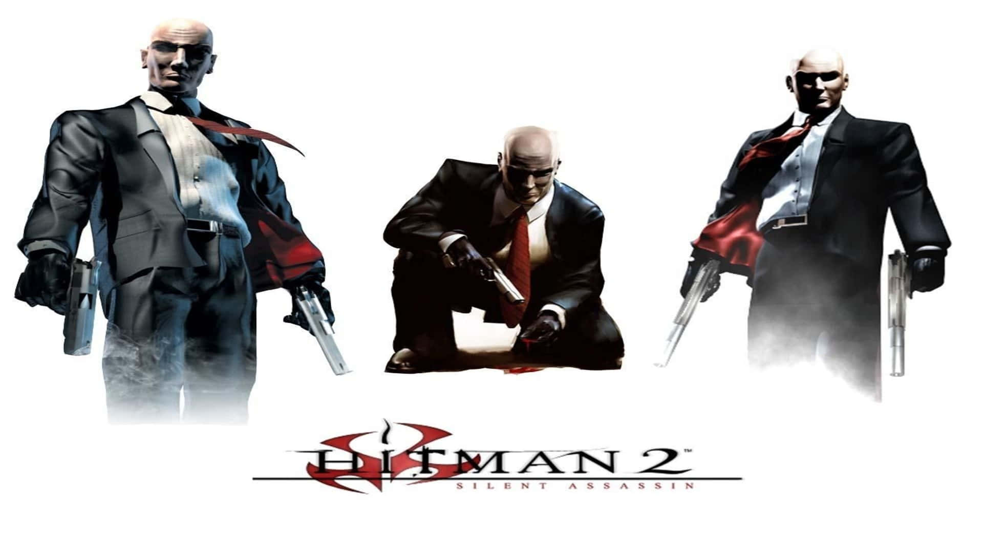 體驗 Hitman 2 世界中的刺激冒險 壁紙 — 三名光頭刺客身穿黑色西裝配紅色領帶，在純白背景下持槍擺姿勢。