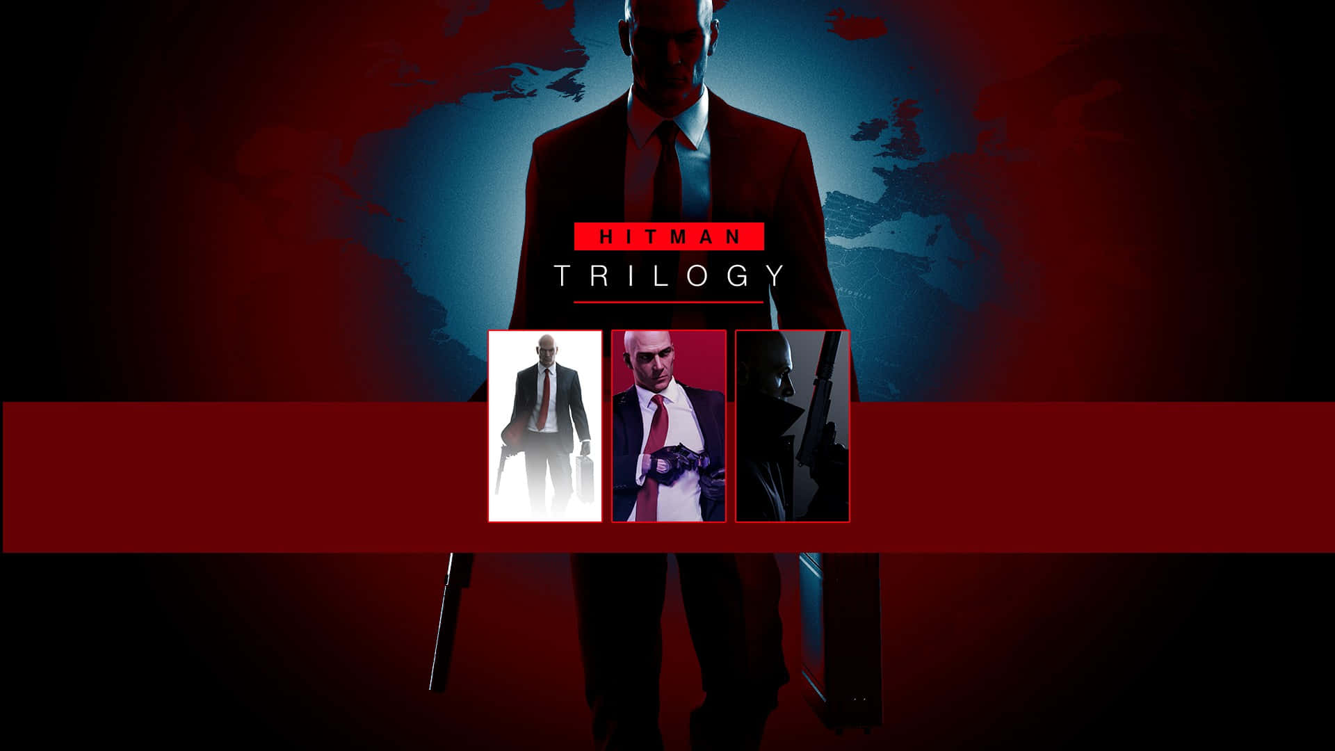 體驗《Hitman 2》中的潛行暗殺與壯闊任務 壁紙 — 一個陰影中的刺客穿著紅色西裝站在世界地圖前，下方有三個遊戲封面，沐浴在戲劇性的紅色和藍色燈光中。