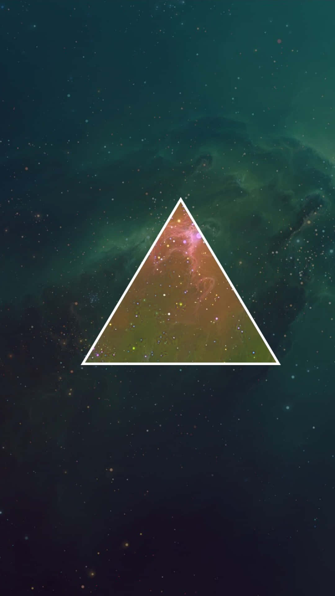 一個白色三角形在繁星點點的太空場景中突顯出一個色彩繽紛的星雲。
