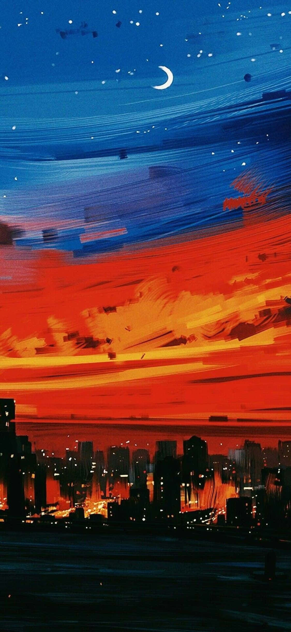 體驗 iPhone Xs Minimal 的尖端科技 壁紙 — 一幅充滿活力的數位繪畫，描繪黃昏時分的城市天際線，帶有火紅色的橙色雲彩和一彎新月，背景是深藍色的星空。