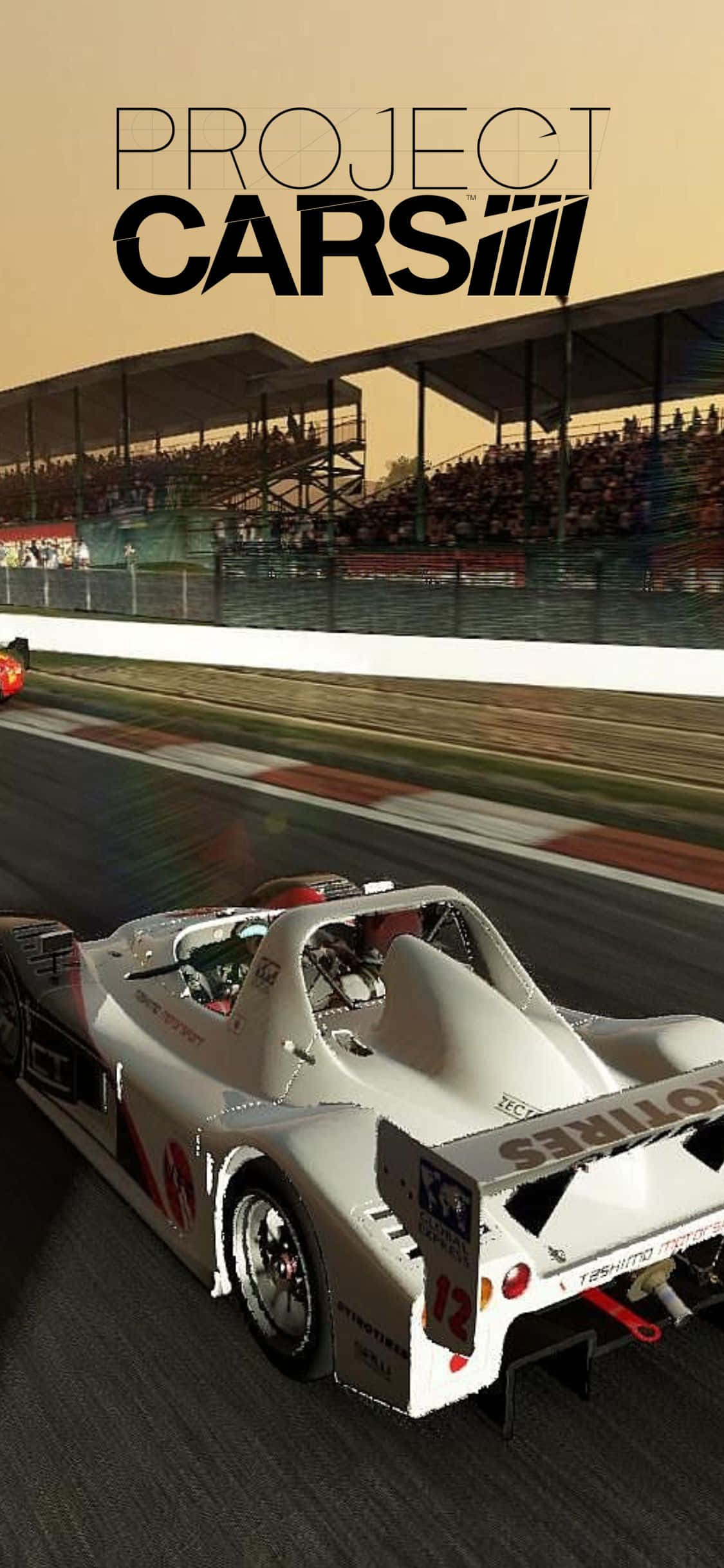 體驗 iPhone Xs 的強大性能，暢玩 Project Cars 壁紙 — 一輛白色賽車在賽道上疾馳，看台上模糊的觀眾在朦朧的天空下。