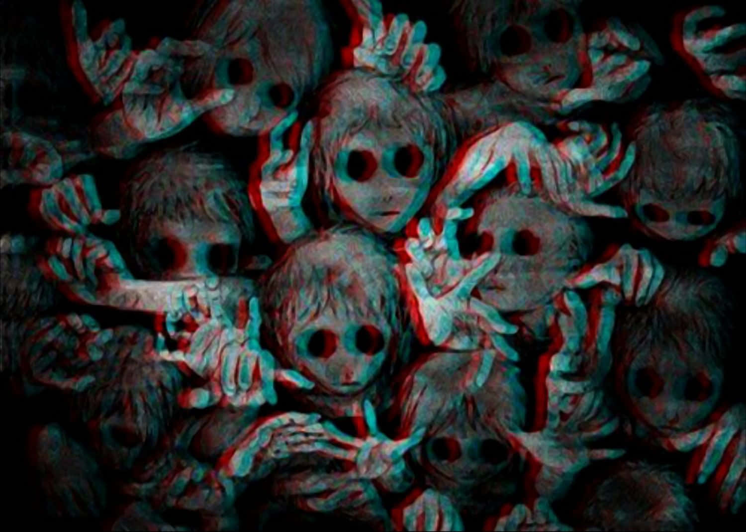一張3D立體圖像，許多蒼白幽靈般的兒童，眼睛空洞，伸出手來。