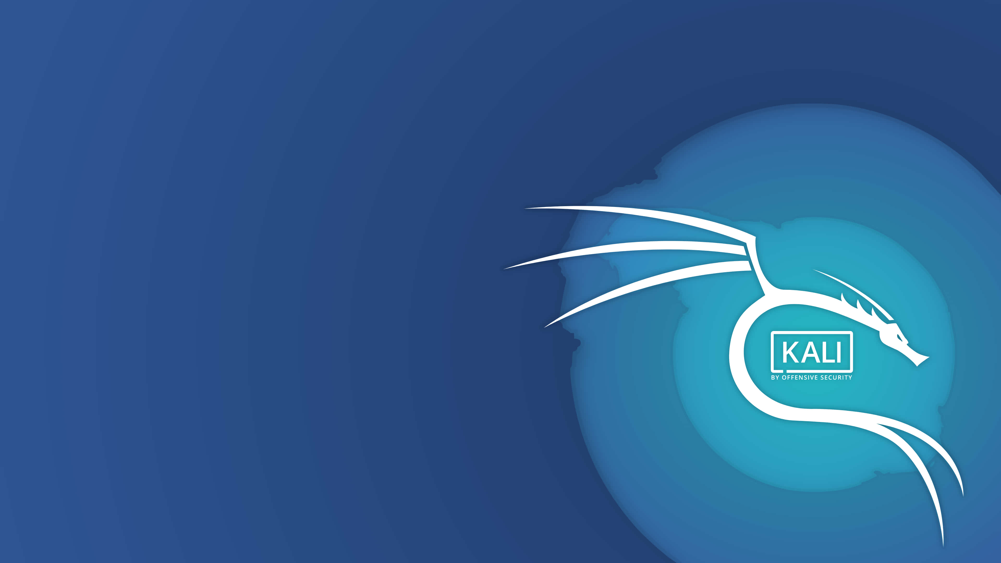 體驗 Kali Linux 帶來的電腦駭客神秘世界 壁紙 — 一個時尚的白色龍標誌，用於Kali Linux，優雅地環繞著發光的藍色球體，背景為漸變藍色。