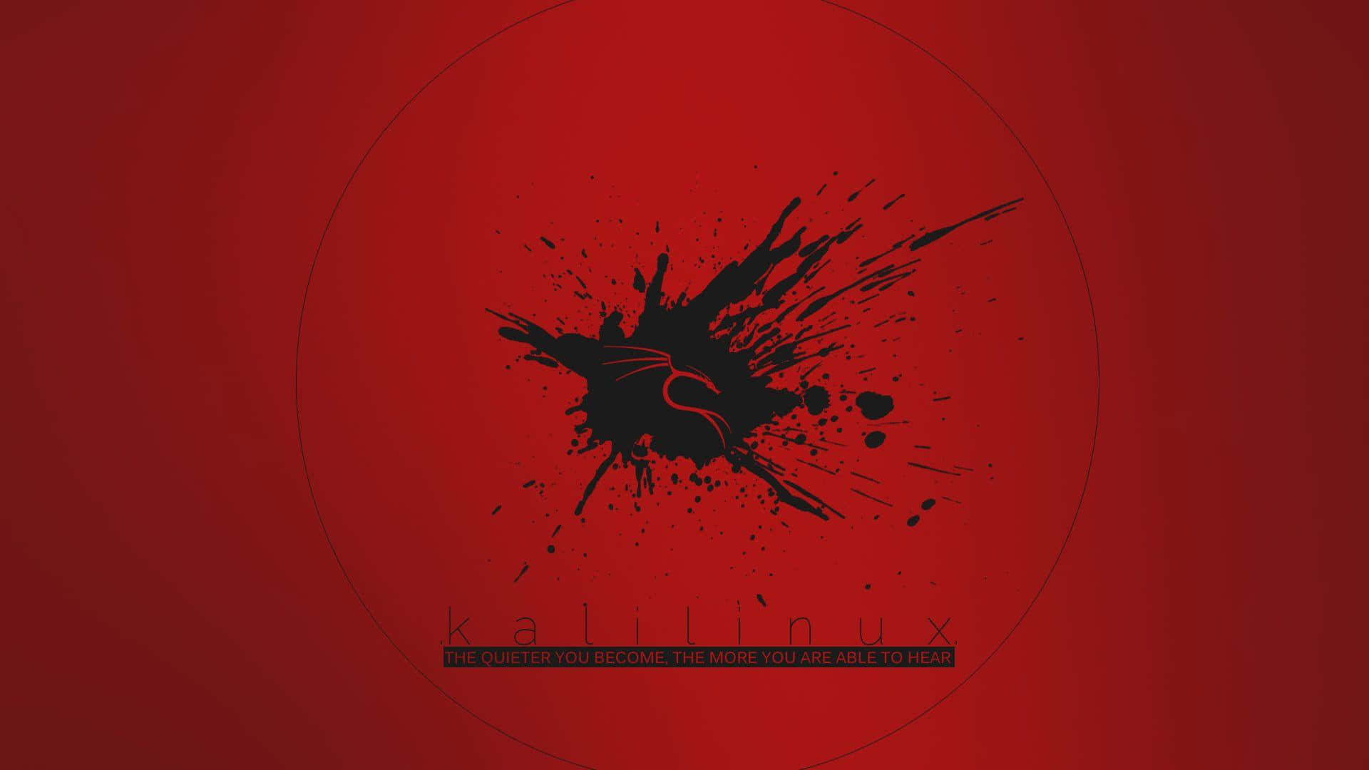 體驗 Kali Linux 的開源強大功能 壁紙 — 在深紅色漸變背景上，一個粗體黑色墨水飛濺居中於一個薄圓圈內，下方有 'kalilinux' 文字。