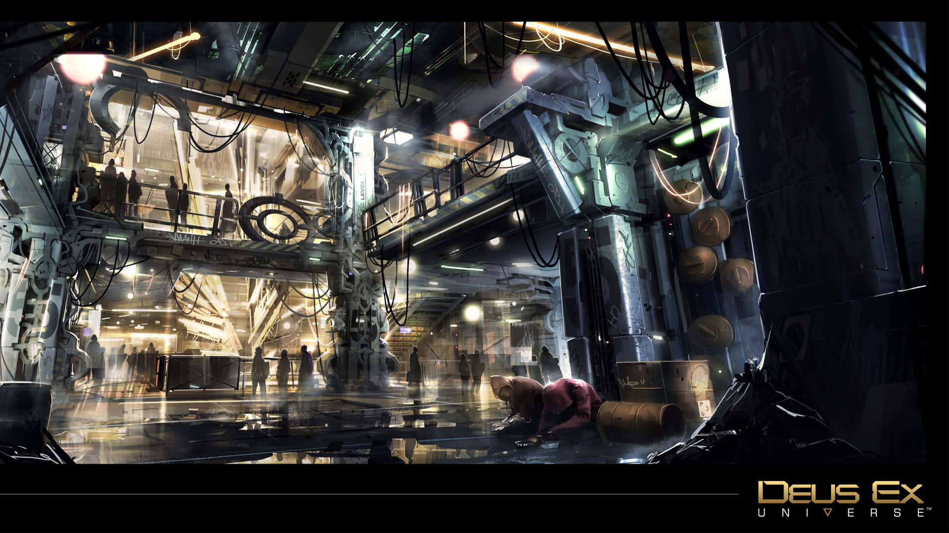 未來主義的 cyberpunk 室內設計，有發光的機器和雨中的剪影人物。