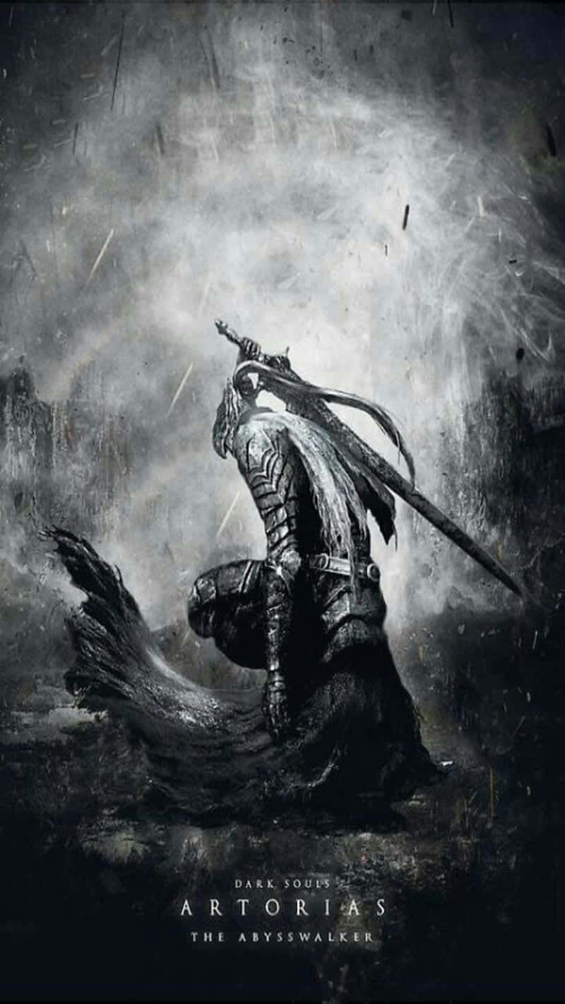 一個黑暗奇幻戰士在風暴中跪著，手持一把劍。