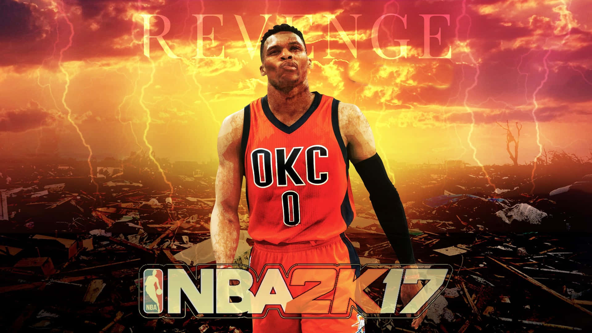 NBA 2K17身穿OKC球衣的籃球運動員，在暴風雨天空下站在廢墟中。