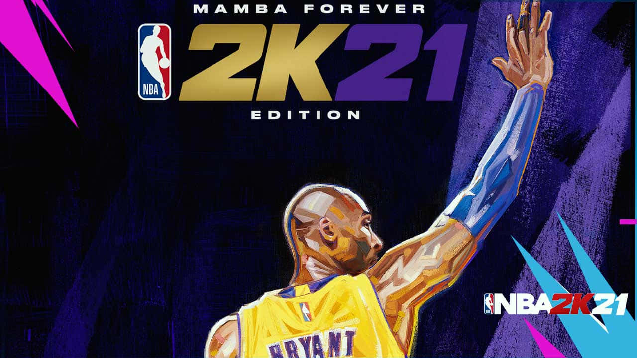 體驗 NBA 的刺激感，盡在 NBA 2K21 壁紙 — 一幅風格化的數位插圖，描繪高比·拜仁穿著黃色湖人球衣，在深紫色和粉紅色的幾何背景中向上伸手。