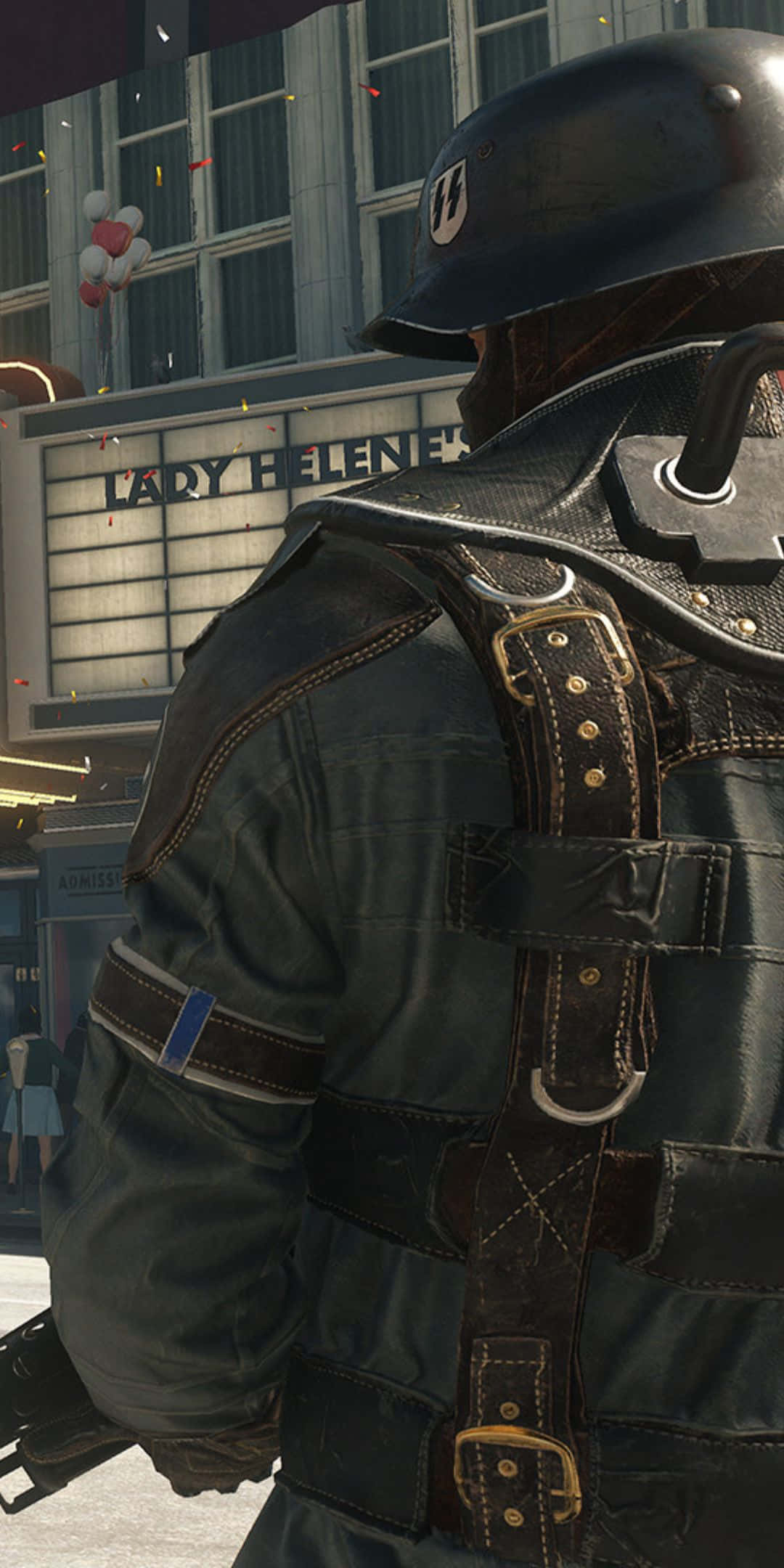 體驗 Pixel 3 上的《Wolfenstein II》遊戲 壁紙 — 一名身穿皮革制服和頭盔的士兵站在劇院招牌前，招牌上寫著「LADY HELEN」，附近有氣球飄浮。