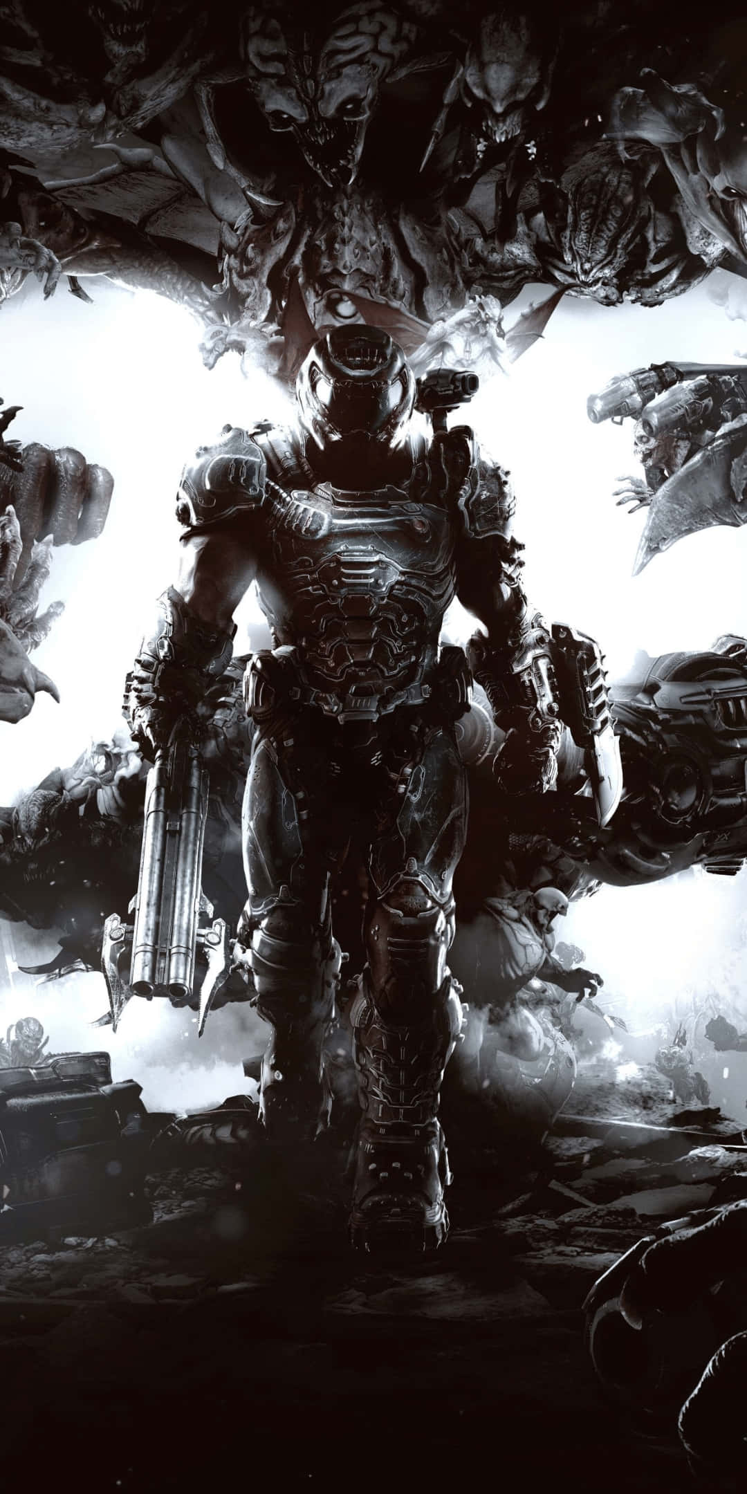 體驗 Pixel 3 與《Doom》的美與力量 壁紙 — 一名身穿重甲的士兵在一個高對比度的黑白場景中，挑釁地站在一群怪異的外星生物背景前。