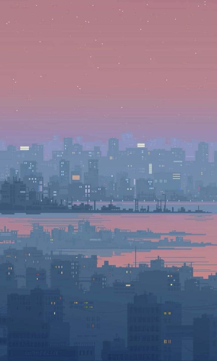 黃昏時分的像素藝術城市天際線，粉紅色和紫色的天空倒映在水中。
