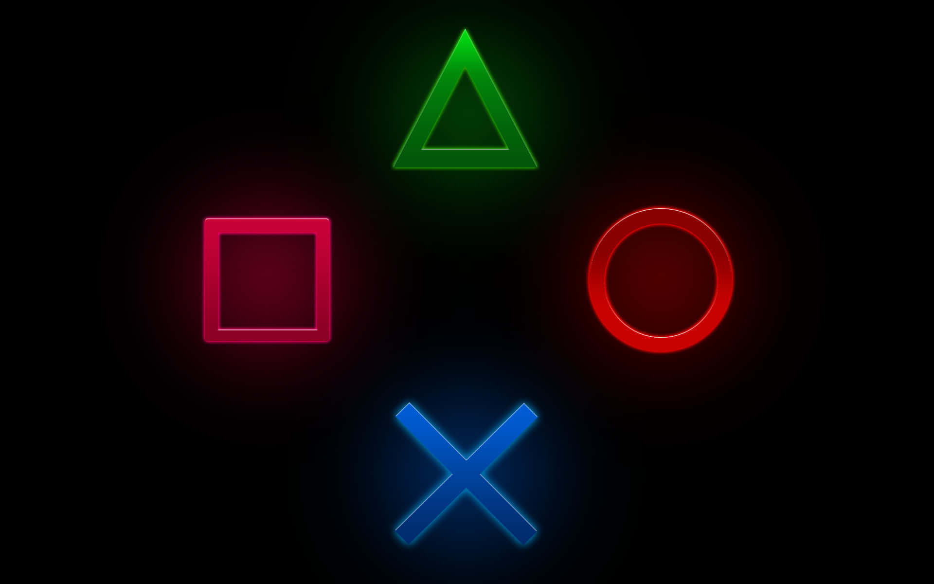 體驗 PlayStation 的宏大社群 壁紙 — 四個發光的PlayStation控制器符號在漆黑的背景下散發出霓虹燈光。