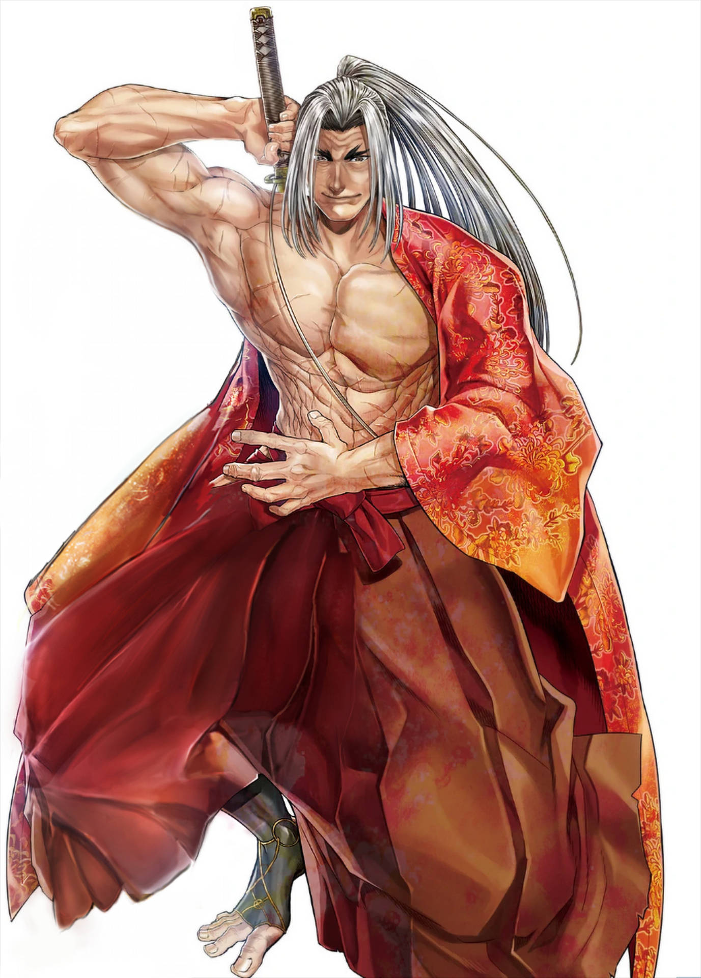 肌肉發達的動漫武士，身穿紅袍，手持劍擺出戰鬥姿勢。