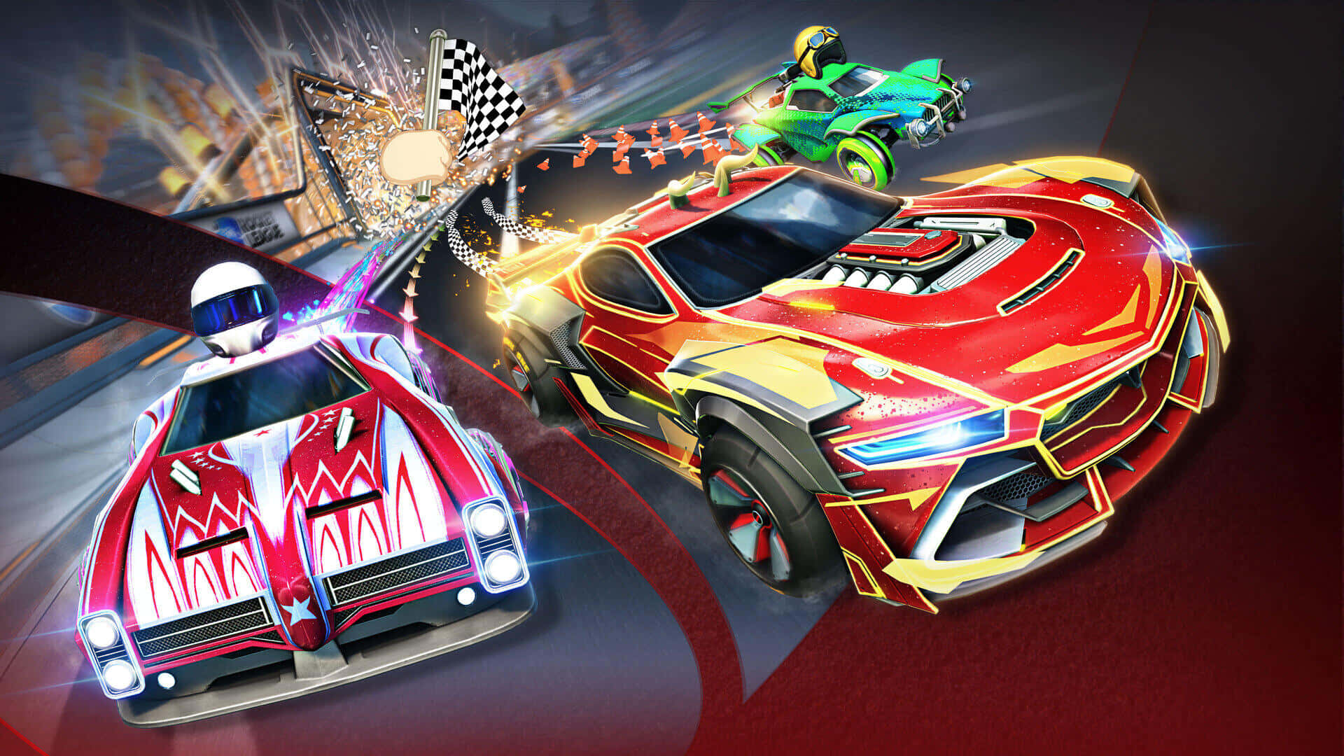 體驗 Rocket League 的高速競技足球！ 壁紙 — 兩輛卡通風格的賽車，帶有發光的燈光和火箭助推器，在充滿活力的遊戲場景中飛馳而過方格旗。