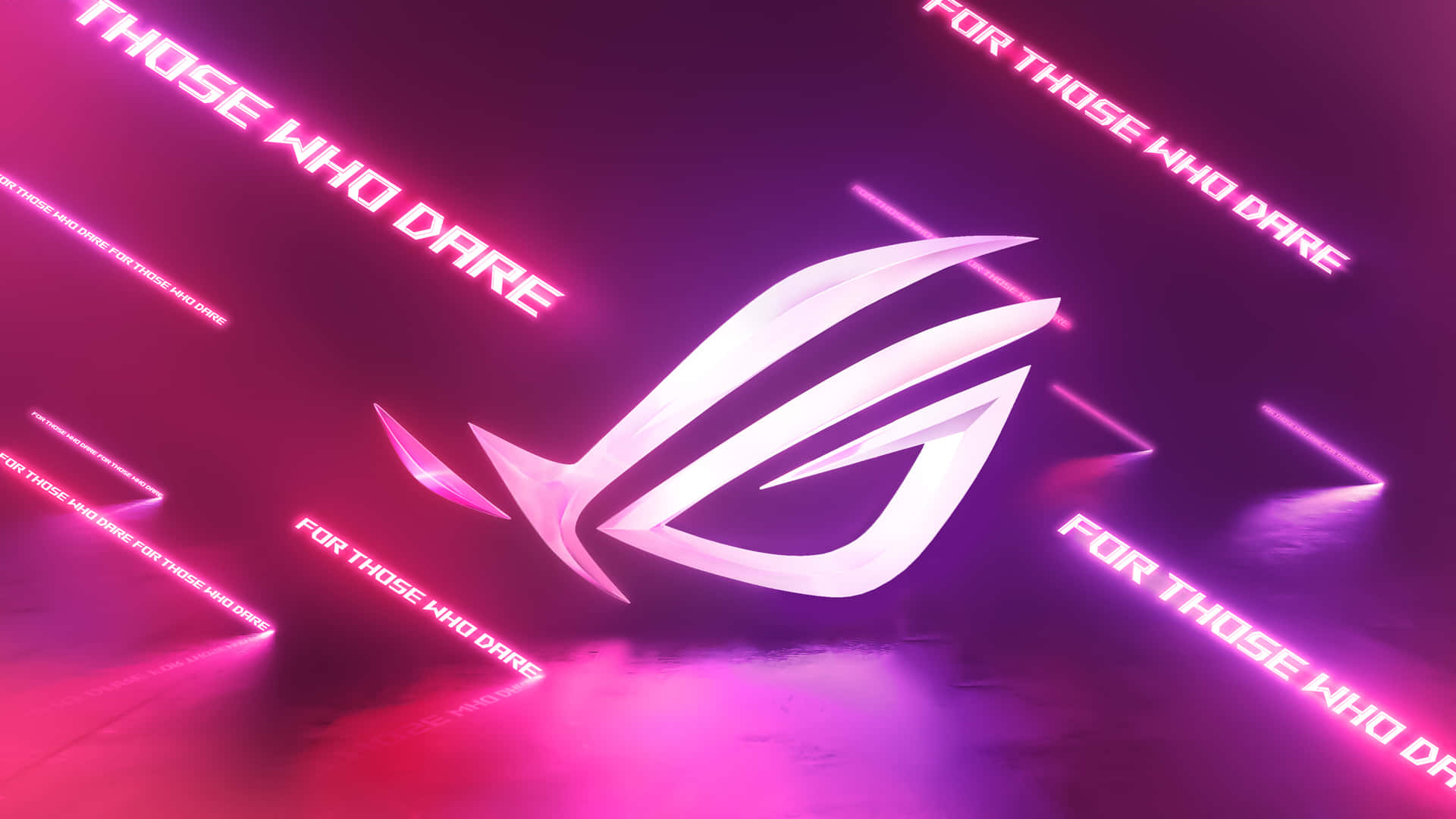 體驗 ROG 的強大效能 壁紙 — 發光的白色 ROG 標誌在深色漸變背景上，伴隨重複的「FOR THOSE WHO DARE」文字，以霓虹粉紅光脈動。