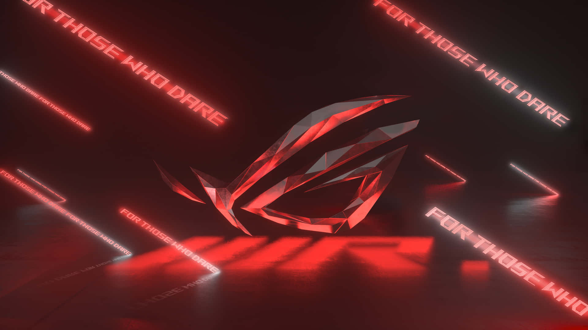 體驗 ROG 遊戲的強大效能 壁紙 — 一個發光的紅色角形 ROG 標誌漂浮在黑暗空間中，帶有霓虹紅色的「FOR THOSE WHO DARE」文字條紋。