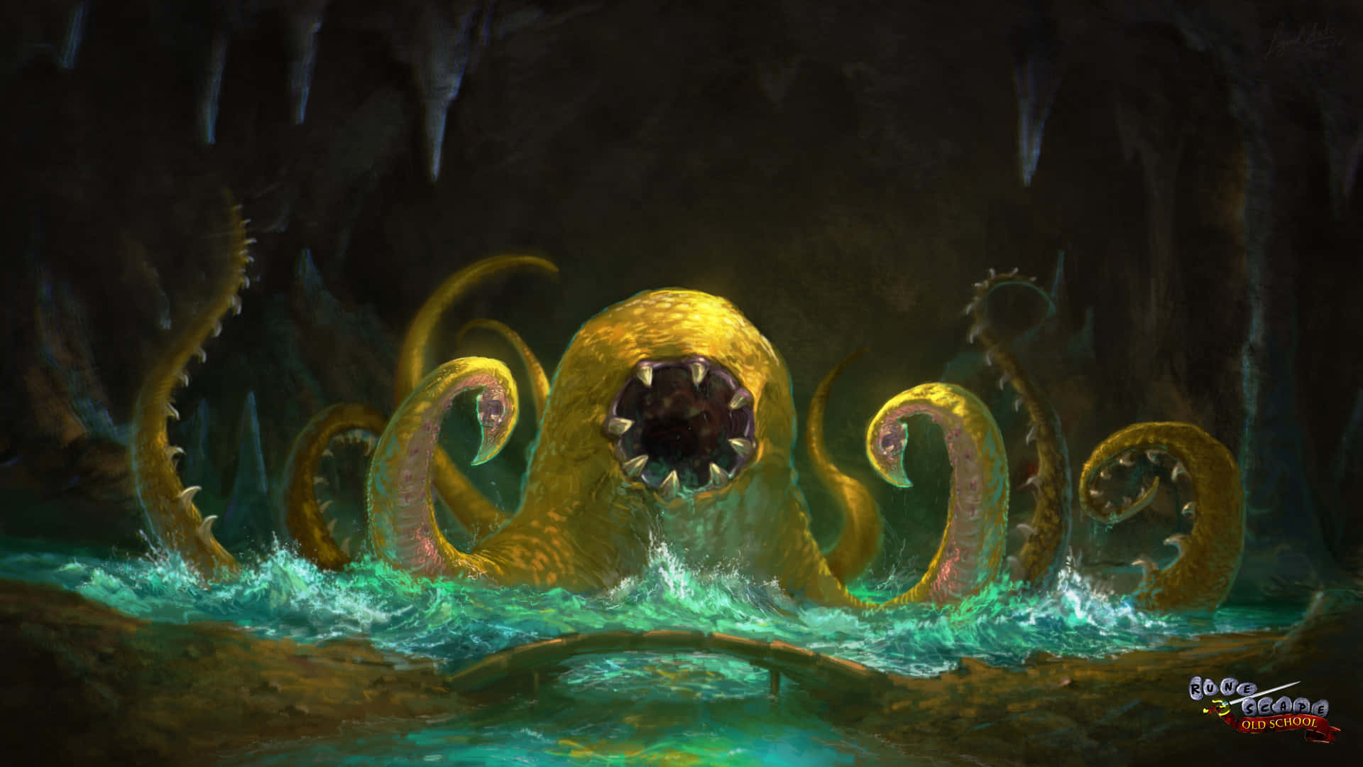 體驗《Runescape》經典版的復古冒險 壁紙 — 一隻長有尖牙的怪異金色章魚從黑暗洞穴中發光的藍綠色水中浮現。