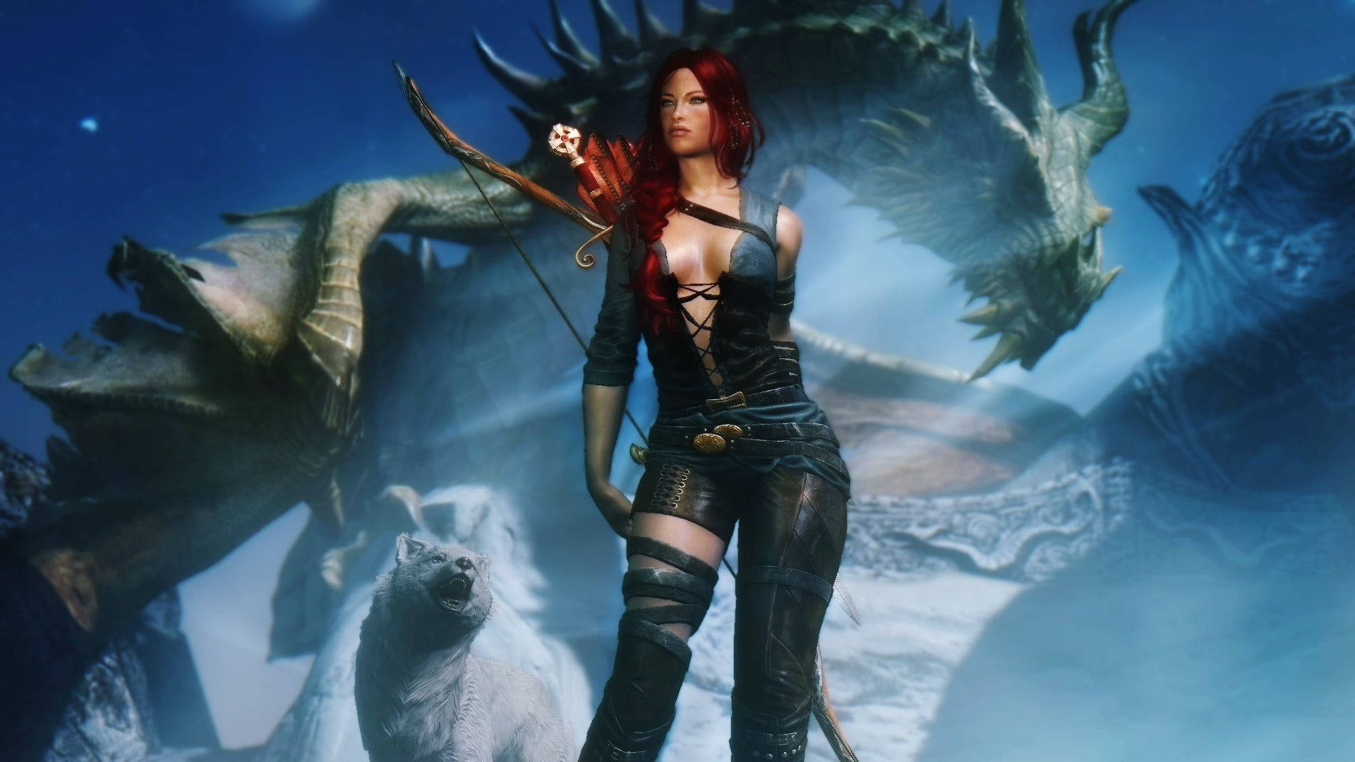 紅髮弓箭手手持弓箭，與白狼並立，龍在雪空中翱翔。