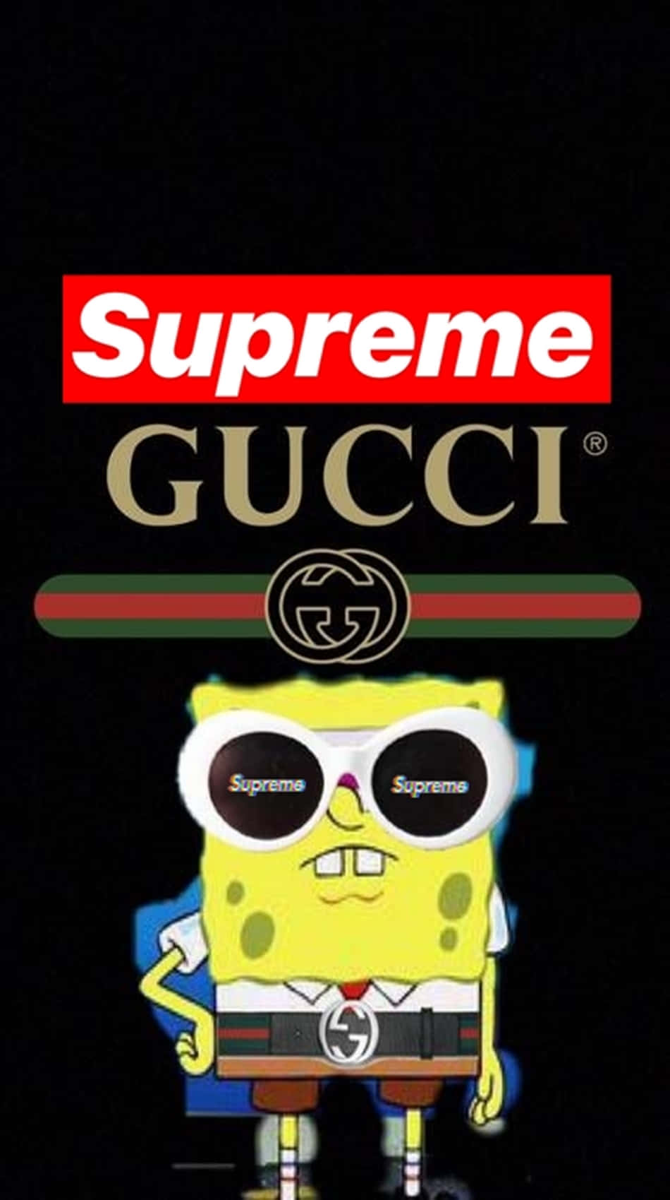 海綿寶寶戴著 Gucci 和 Supreme 品牌的太陽眼鏡和腰帶。