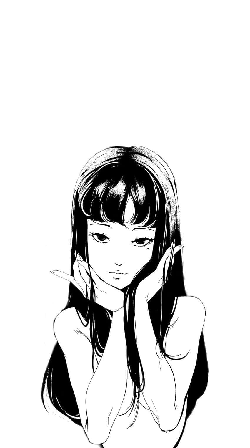 長髮動畫女孩將下巴擱在手上。