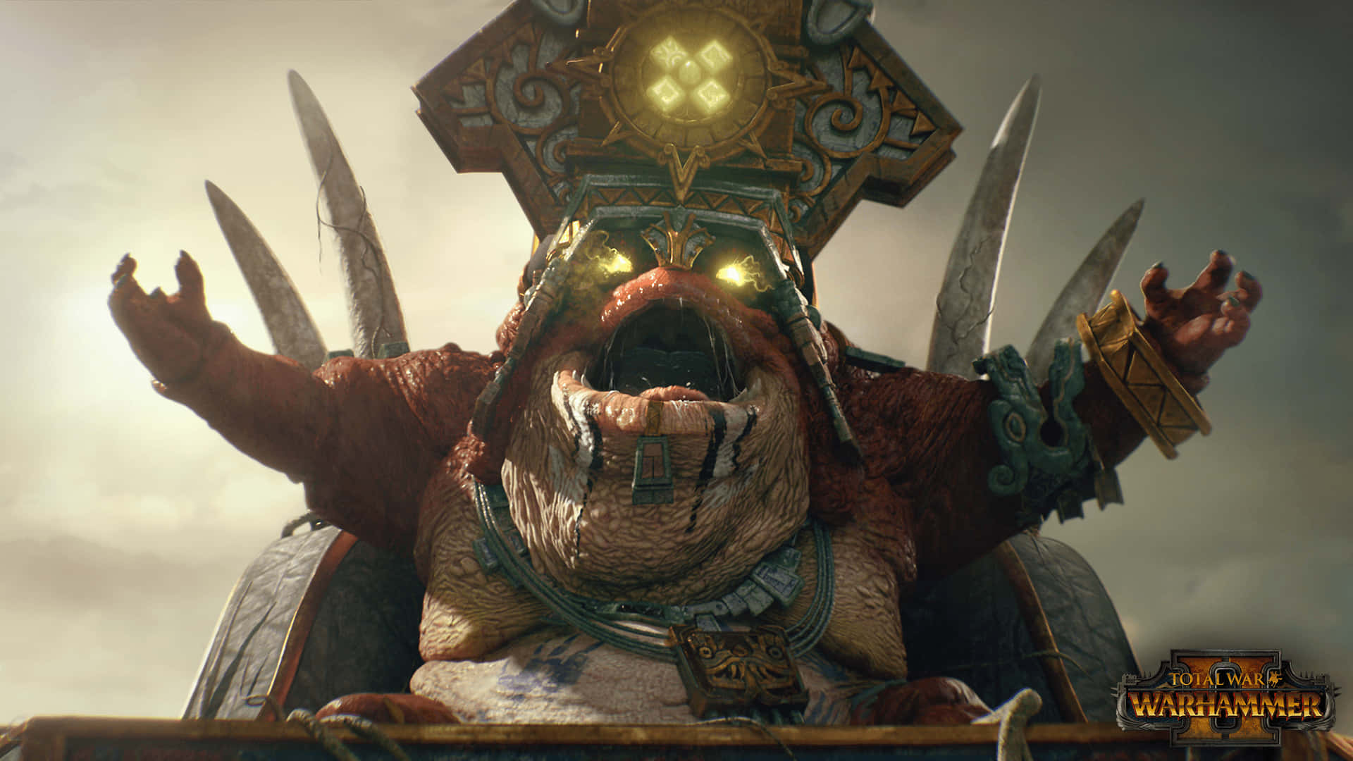 體驗《Total War: Warhammer》的驚人細節 壁紙 — 一個巨大、裝甲、眼睛發光、頭盔帶刺的戰爭首領，對著暴風雨的天空挑釁地咆哮。
