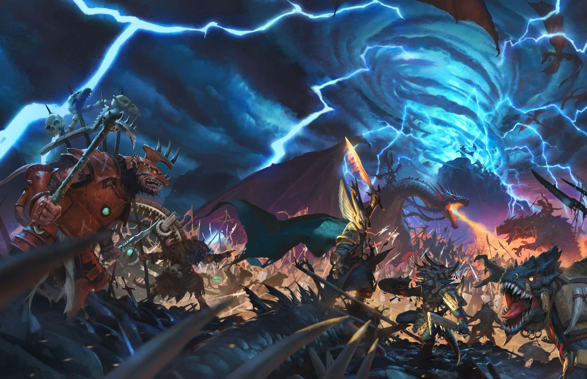 體驗《Total War: Warhammer》的極致戰爭！ 壁紙 — 奇幻戰士在風暴天空下交鋒，藍色閃電和旋轉漩渦中，巨龍在戰鬥中咆哮。