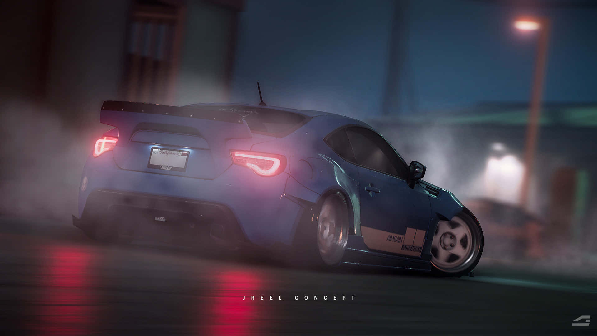 體驗 Toyota 86 的極致性能與空氣動力學 壁紙 — 一輛藍色飄移車在夜間潮濕的城市街道上猛烈冒煙，紅色尾燈反射在路面上。