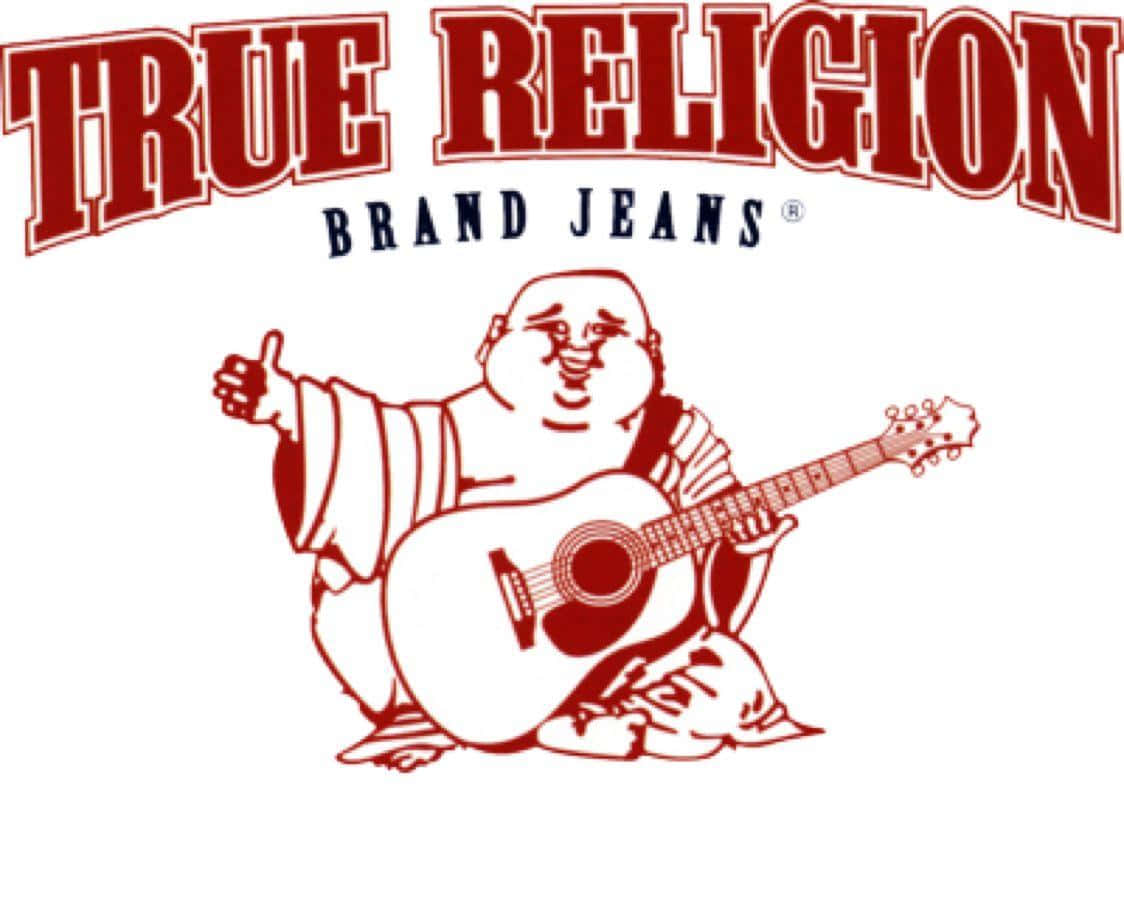 True Religion Brand Jeans 標誌， featuring 一個彈結他的佛陀。