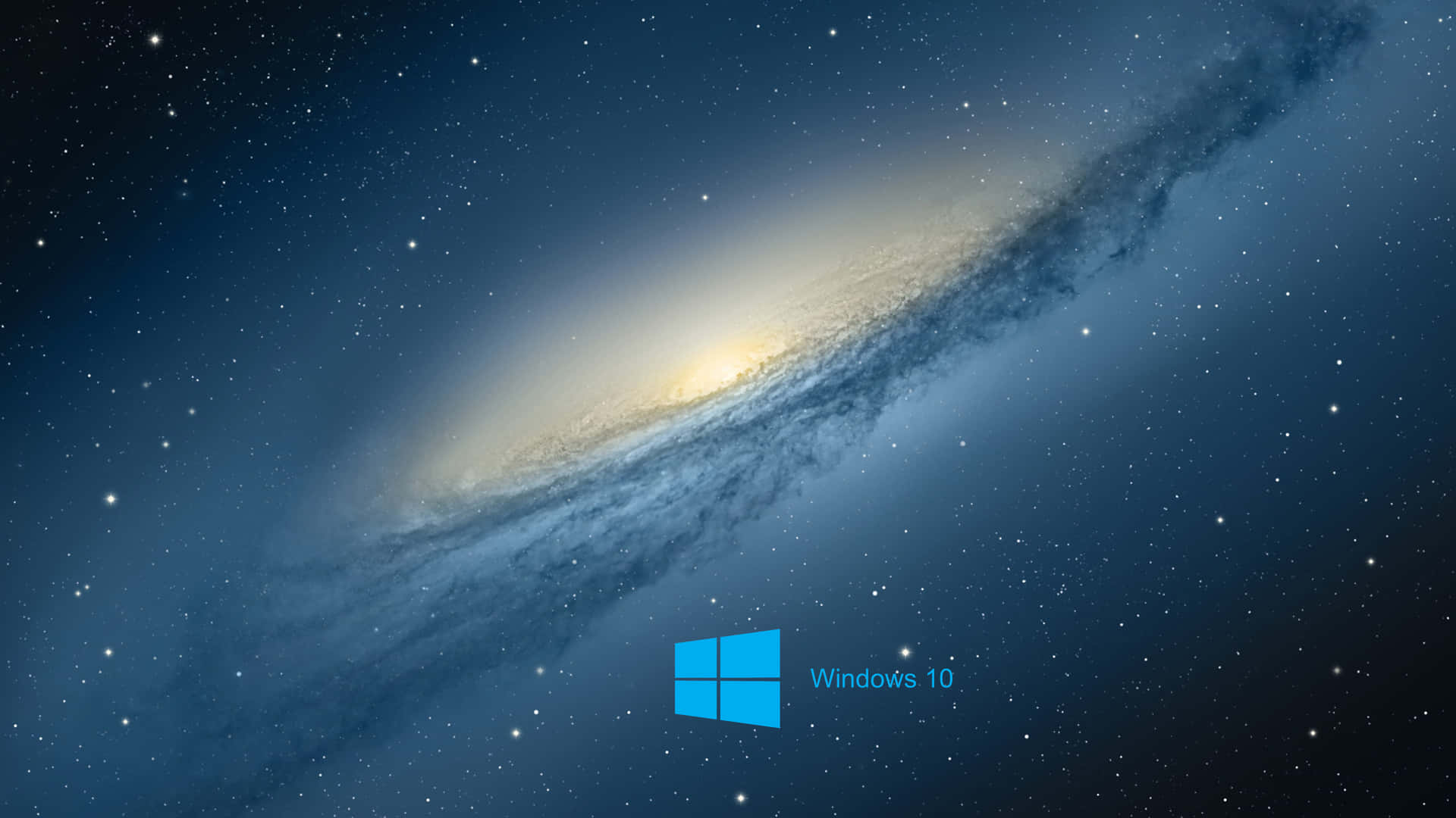 一個帶有發光核心和恆星的螺旋星系，在深藍色太空中，帶有Windows 10標誌。