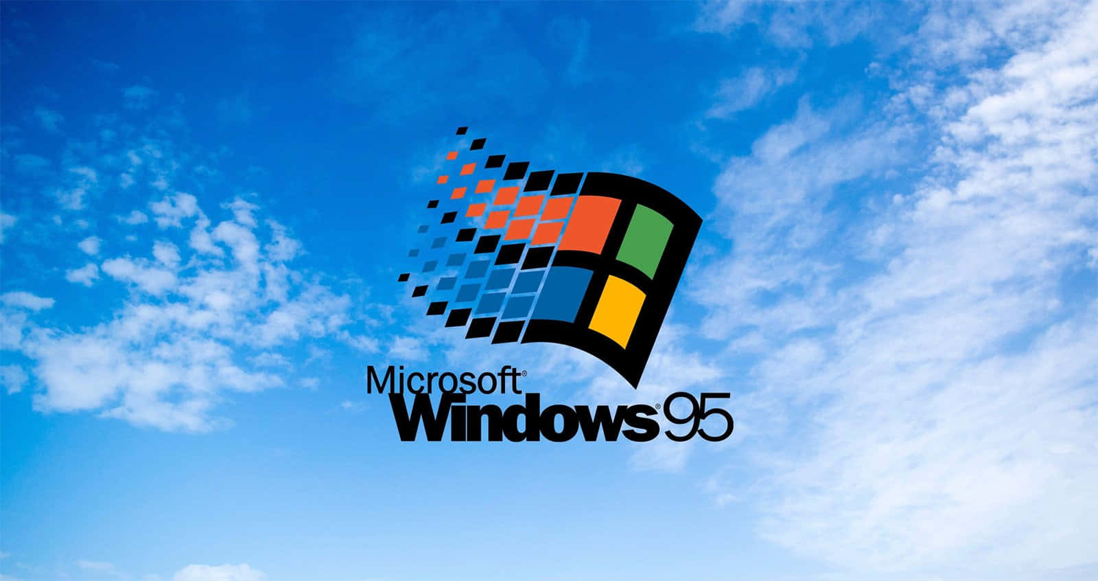 體驗 Windows 95 的懷舊氛圍 壁紙 — 標誌性的 Windows 95 標誌，其色彩繽紛的像素化窗口設計，漂浮在明亮的藍天和白雲之間。