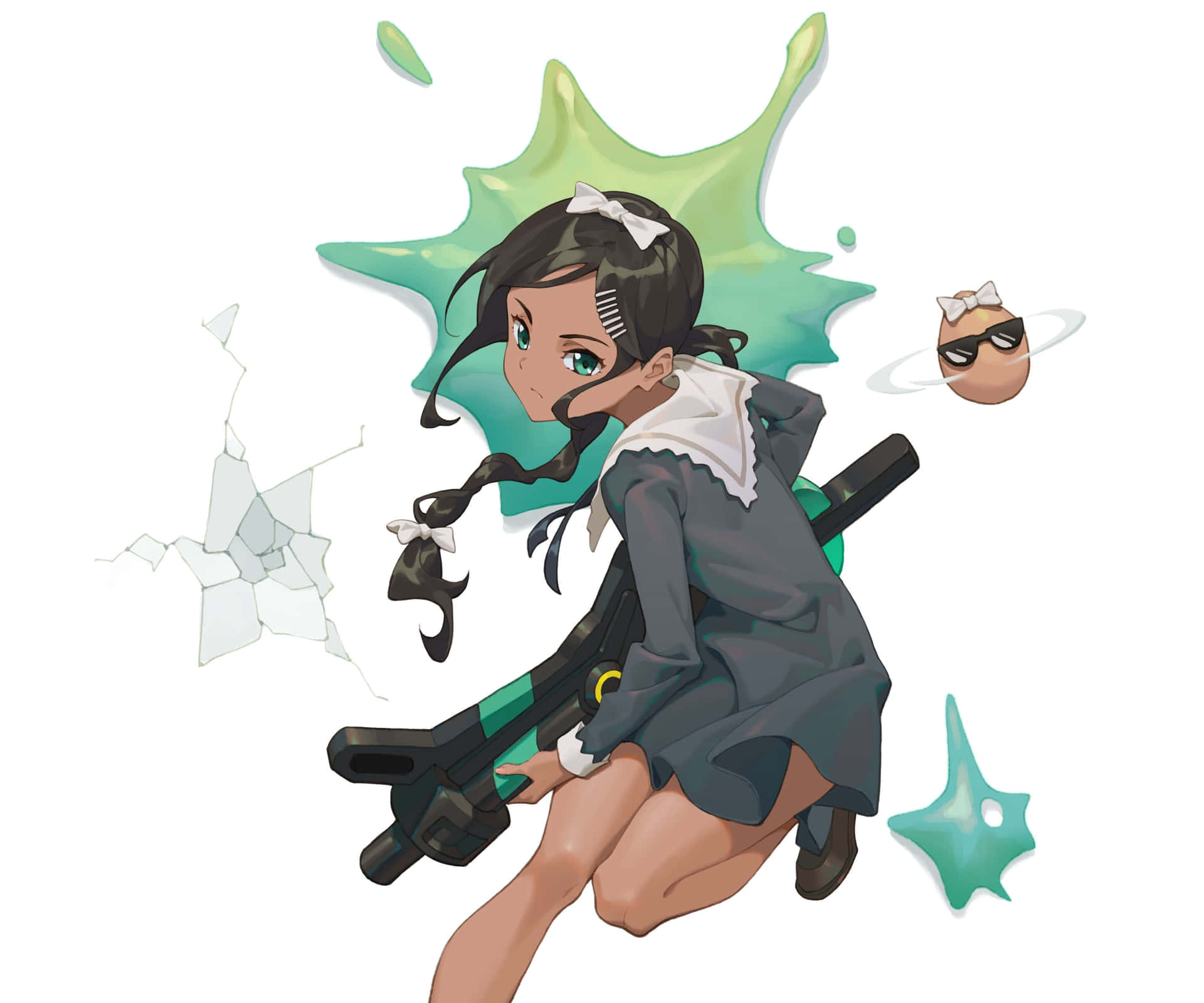 動漫女學生穿著校服，手持武器，伴有綠色墨水飛濺和碎玻璃。