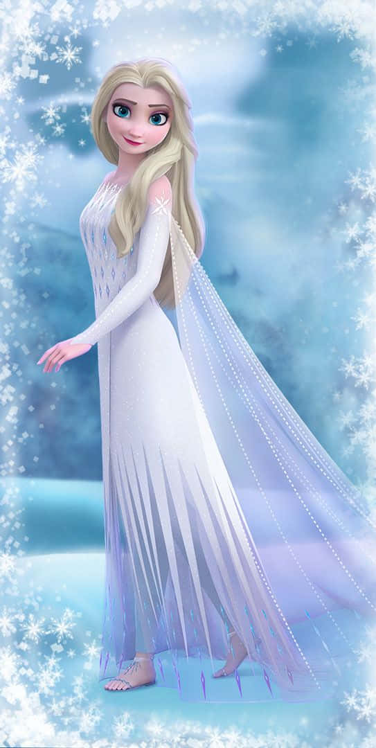 艾莎公主身穿白色冰裙，在冬日場景中被雪花環繞。