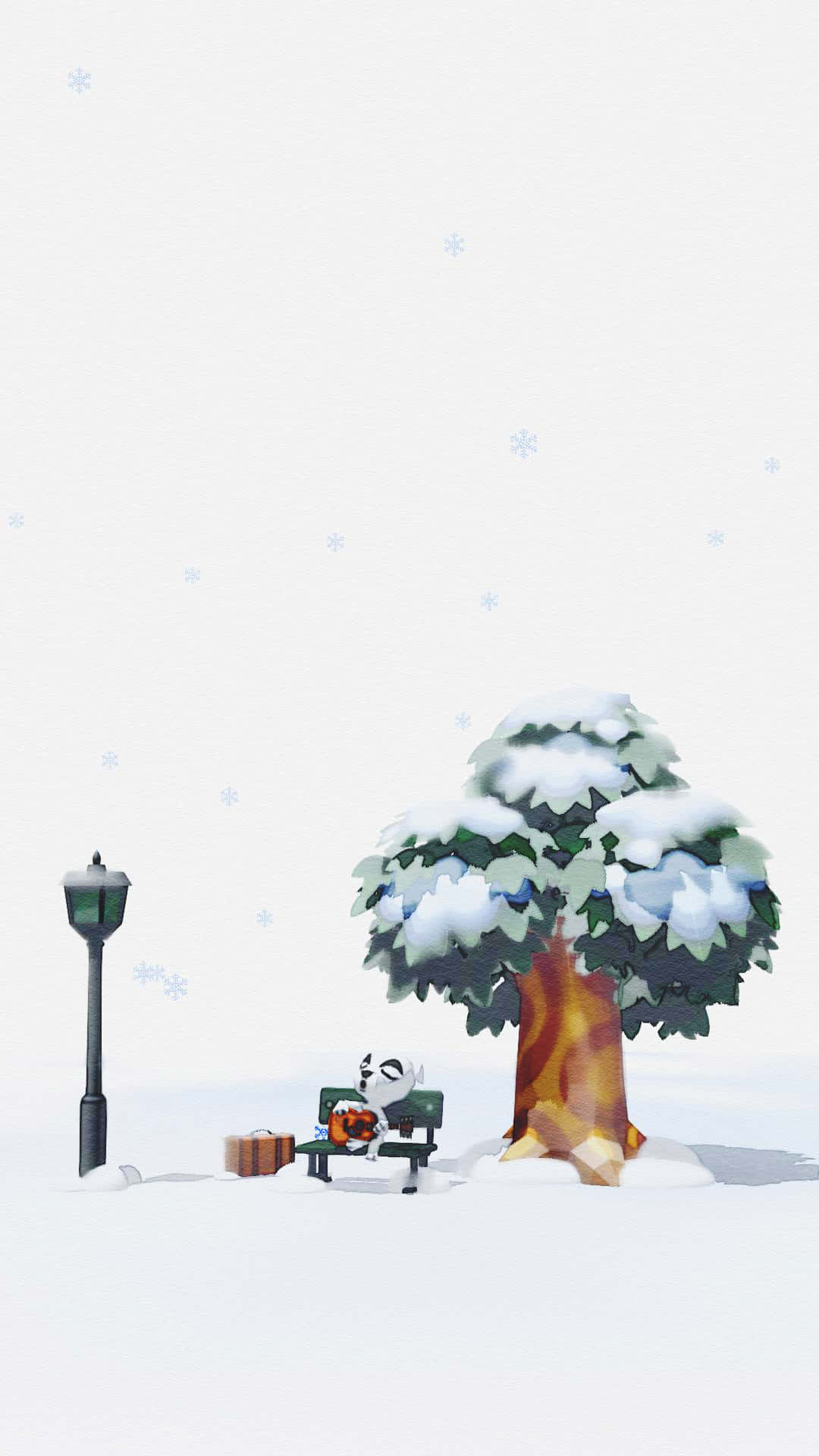 體驗《動物森友會冬季》的魔法 壁紙 — 一隻可愛的白貓坐在雪白的長椅上，旁邊是白雪覆蓋的樹，雪花飄落。