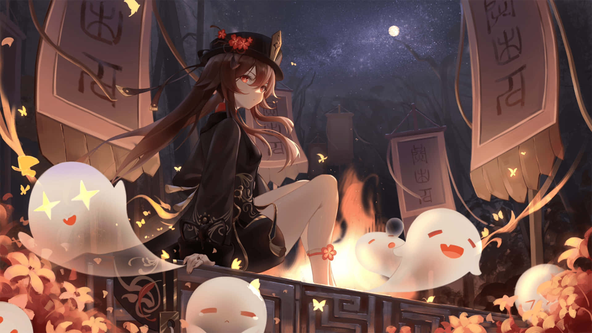 動漫女孩與幽靈在秋夜場景中