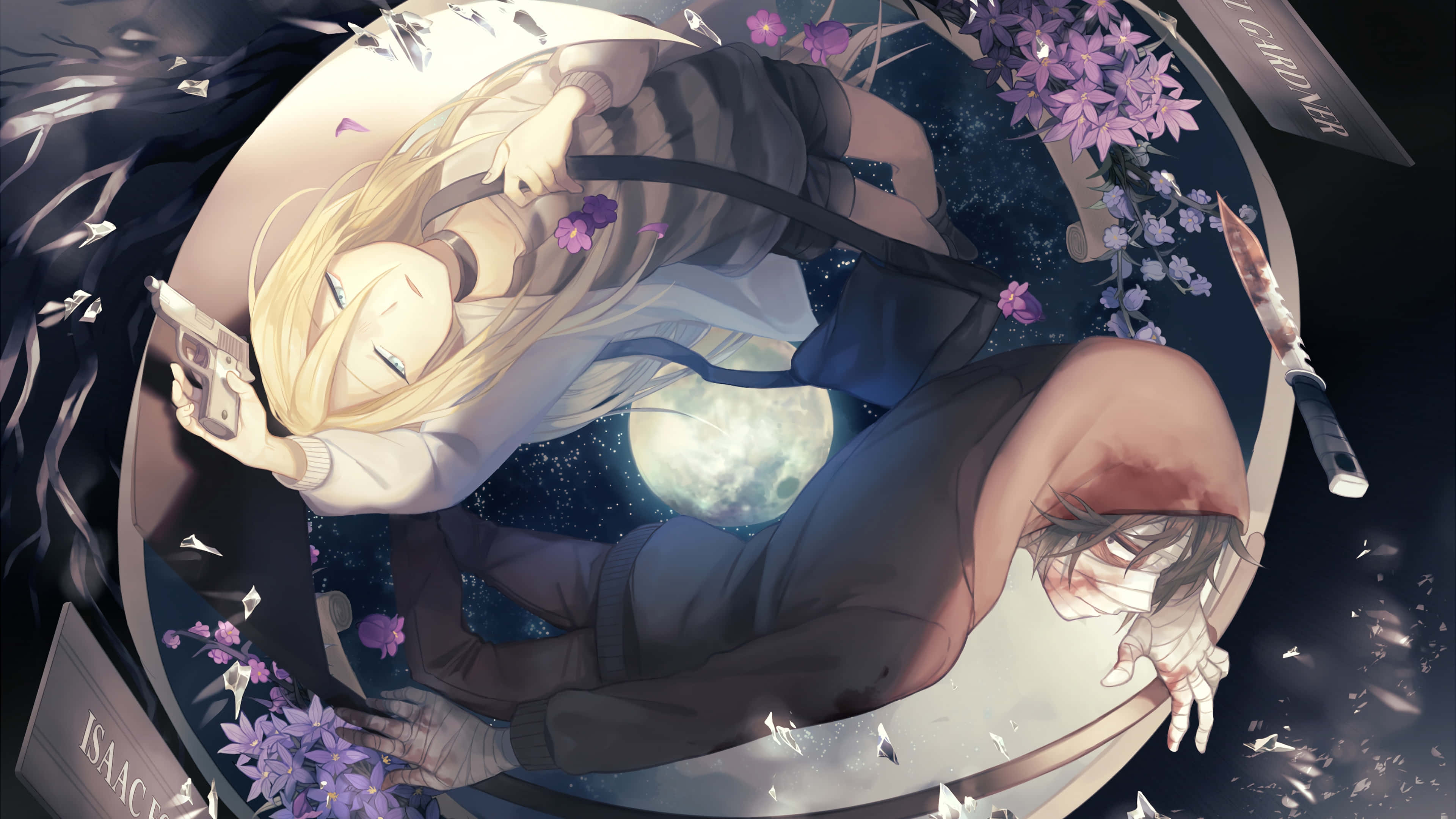 體驗《死神天使》的驚悚與寒意 壁紙 — 兩個動漫角色在圓形框架中擁抱，周圍有紫色花朵飄落和月光照耀的天空。