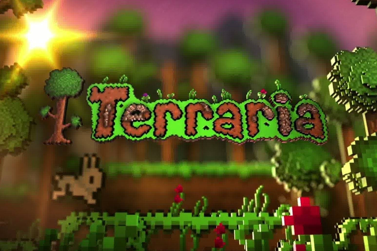 像素藝術風格的 Terraria 遊戲標誌，周圍環繞著樹木和草地。