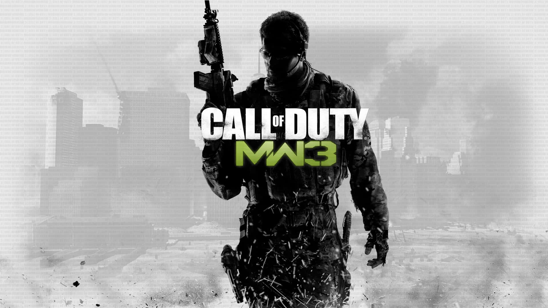 身穿戰鬥裝備的士兵在煙霧彌漫的城市景觀中持步槍，並帶有 Call of Duty MW3 標誌。