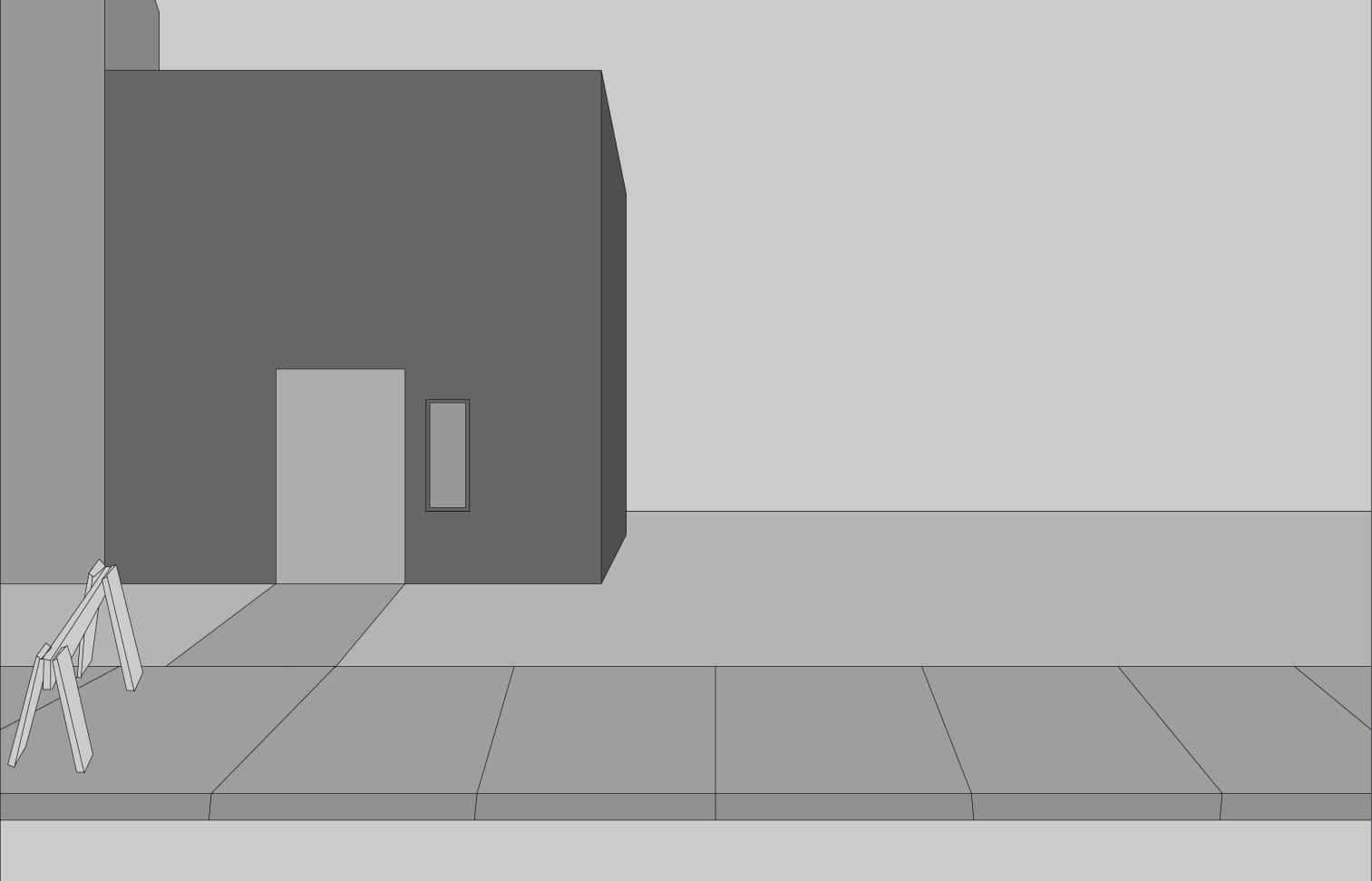 灰色極簡線條繪畫，描繪現代建築物，帶有門、窗和人行道招牌。