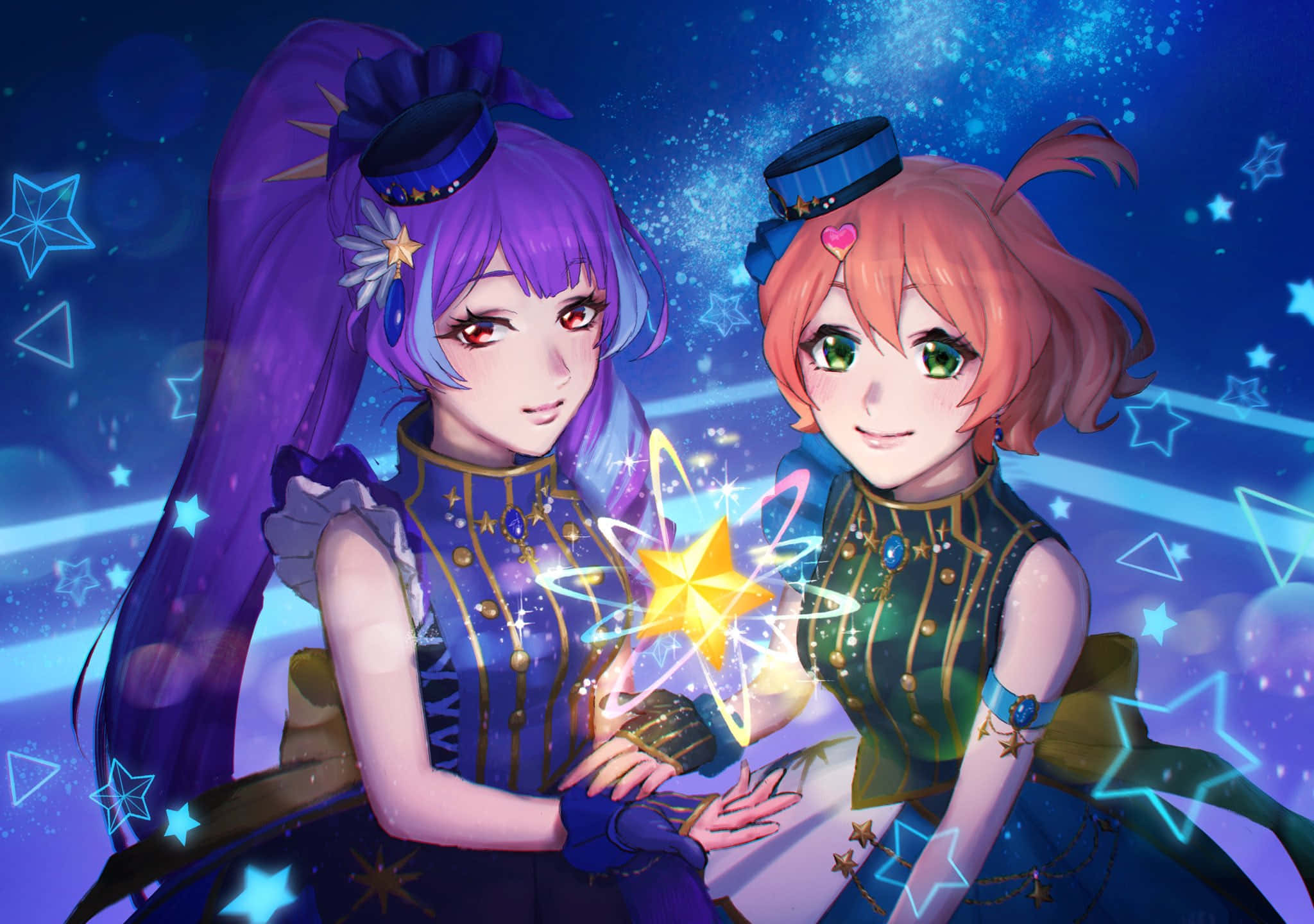 「體驗《超時空要塞》的震撼空中特技！」 壁紙 — 兩個穿著星星服裝的動漫女孩在宇宙藍色背景下一同拿著一顆發光的星星。
