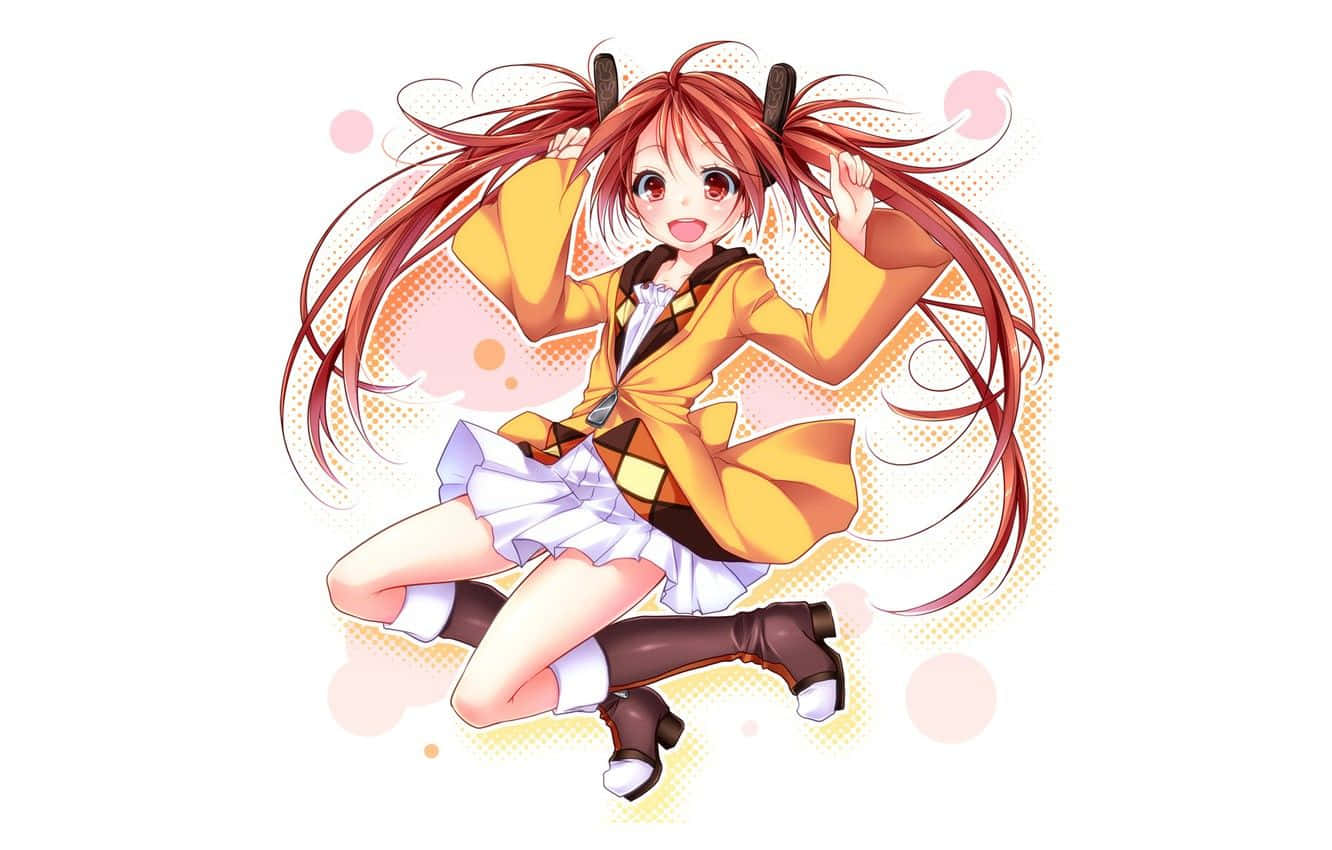 紅色雙馬尾和角的動漫女孩，穿著黃色外套跳躍。