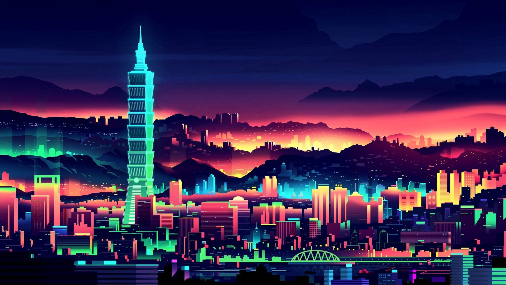 黃昏時分充滿活力的霓虹城市天際線，發光的摩天大樓和山脈背景。