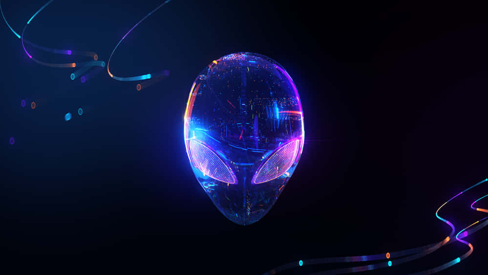 發光的外星人頭部，帶有霓虹眼睛，被黑暗中的數字光跡包圍。