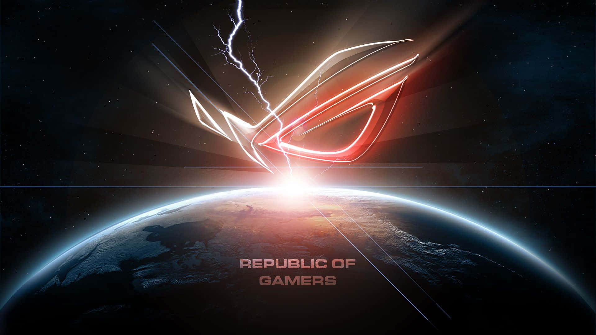 體驗Asus ROG的強大效能 壁紙 — 發光的紅白ROG標誌在星空太空背景下，在地球彎曲的地平線上伴隨著閃電爆發。