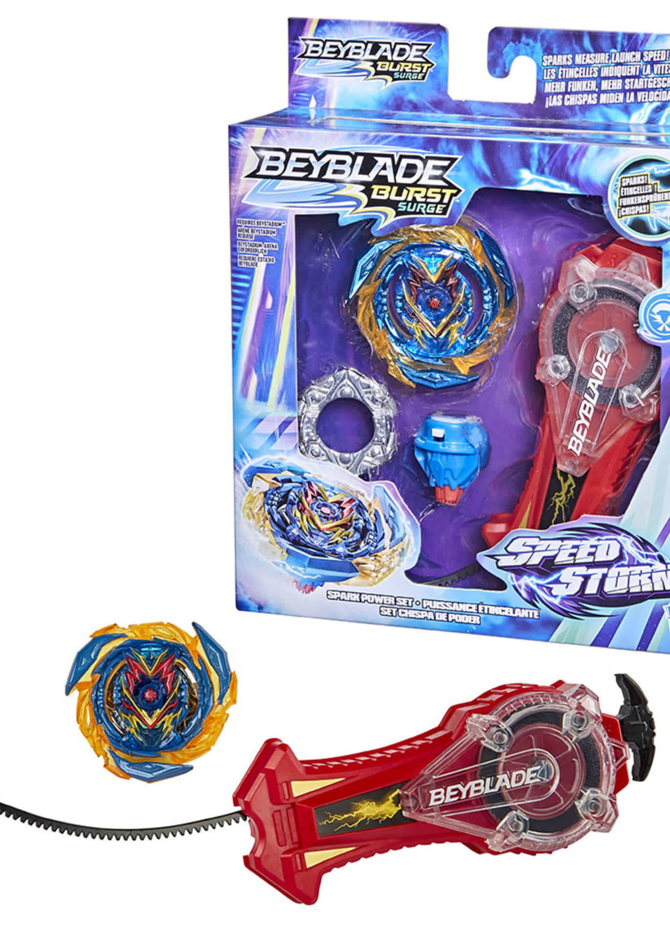 Beyblade Burst Surge Speed Storm玩具套裝，附有旋轉陀螺和發射器。