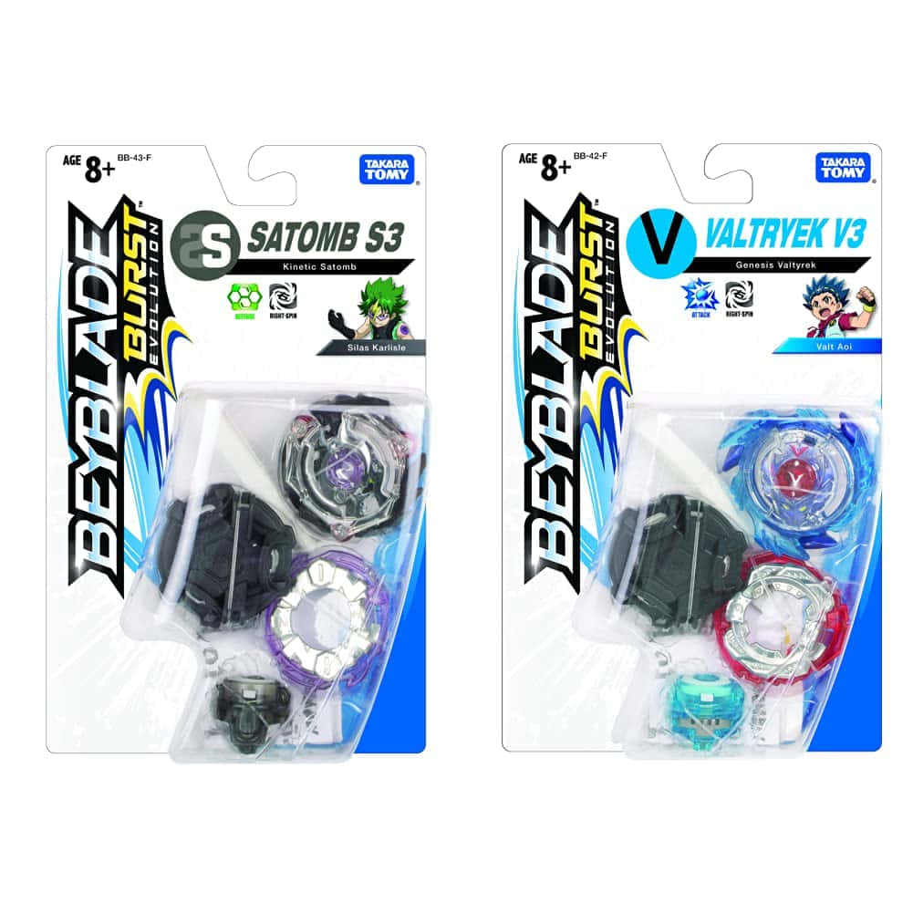 兩個Beyblade Burst Evolution玩具套裝，附有角色插圖和旋轉陀螺。