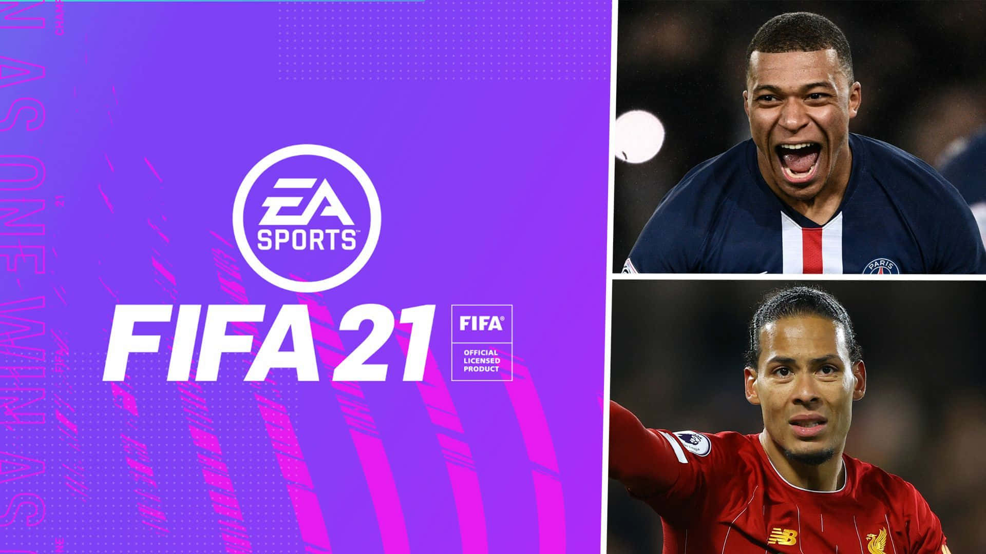 FIFA 21 遊戲封面，兩名足球運動員在紫色和粉紅色背景上慶祝。
