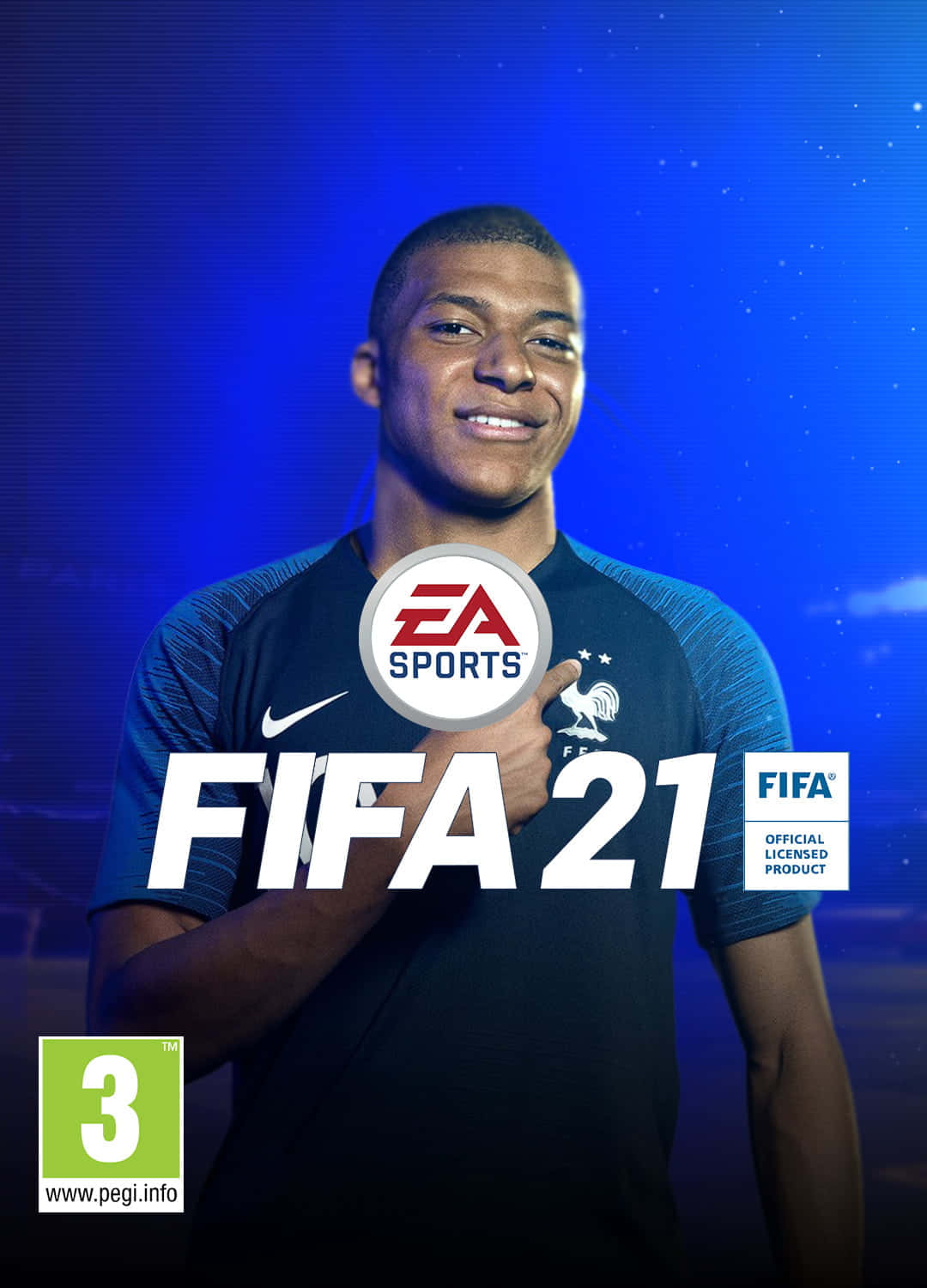 身穿法國球衣的足球運動員為FIFA 21電子遊戲封面舉起EA Sports標誌。