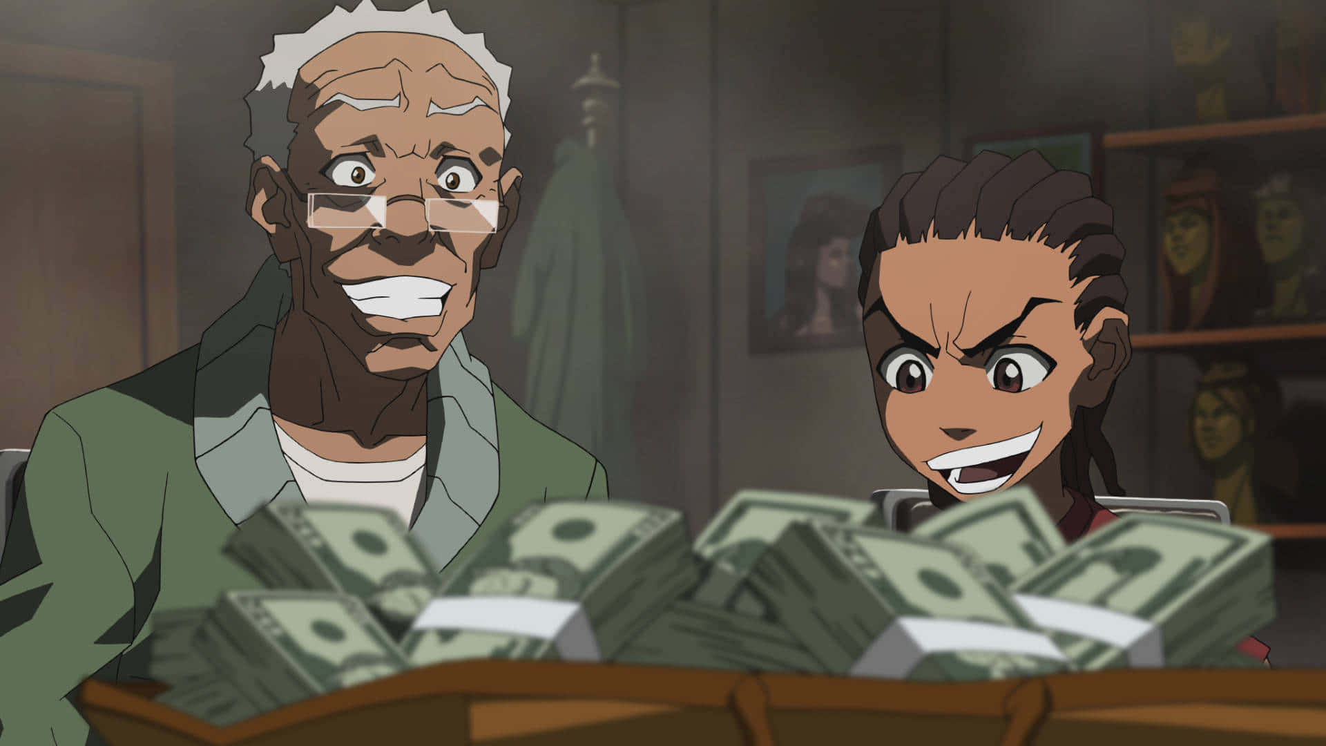 體驗Grandad Freeman的生活 壁紙 — 兩個動畫角色喺昏暗嘅房間裏，喺堆滿一疊疊現金嘅枱上狡猾地咧嘴笑。