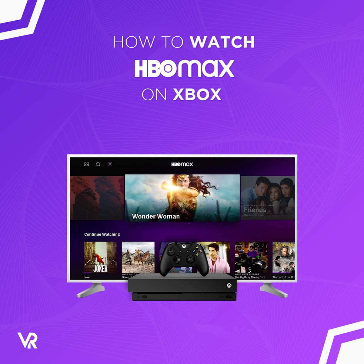 Xbox主機與電視顯示HBO Max串流服務界面。