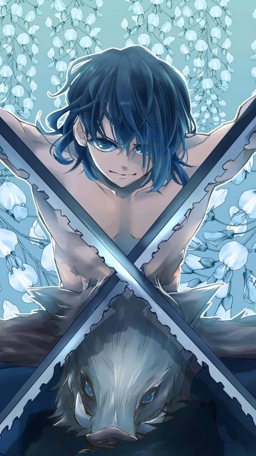 動漫男孩手持交叉劍在白花下俯視一隻狼。